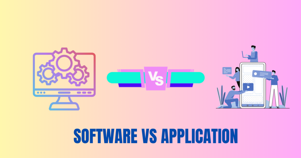 A visual comparison of software vs application, highlighting key differences and examples.